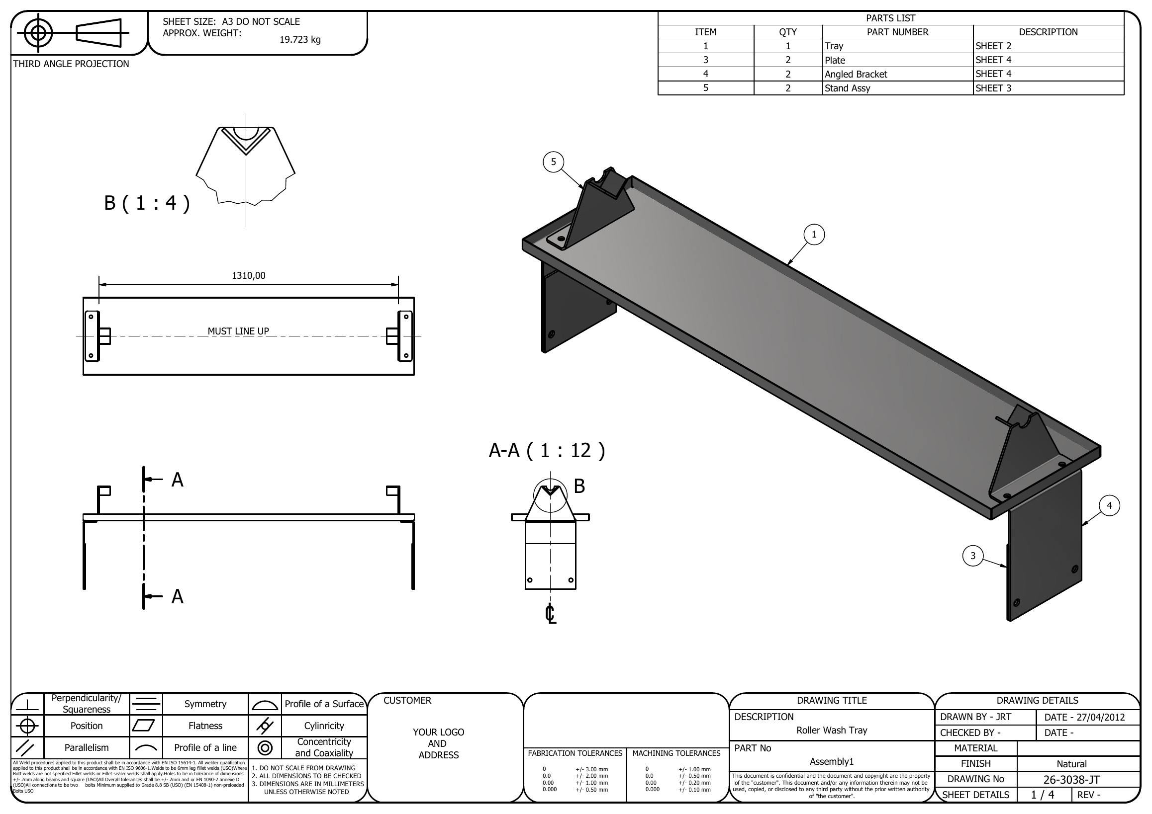 Completed CAD manufacturing drawing produced from the customer sketch