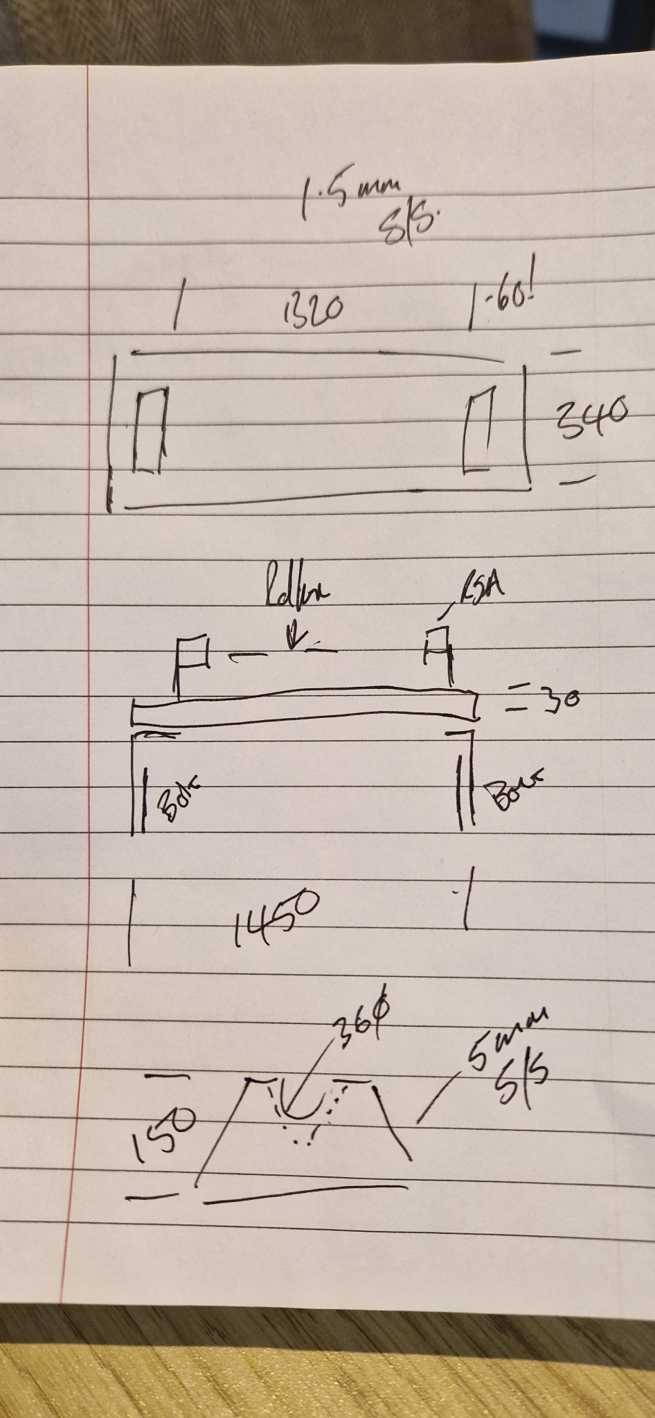 Customer-supplied hand sketch with dimensions and fabrication notes
